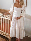 White Off Shoulder Ruffle Shirred Boat Neck Puff Sleeve Bow Bohemian Ivory Maternity Photoshoot Dress Maternity