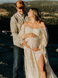 Boho Lace Off Shoulder Lace Tassel Crop 2-in-1 Side Slit Ruffle Photoshoot Maternity Maxi Dress Maternity