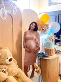 Mesh Ruched Off Shoulder Lantern Sleeve Square Neck Bodycon Elegant Party Maternity Photoshoot Baby Shower Midi Dress Maternity