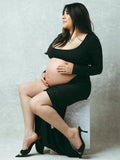Black Ruffle Cut Out Crop Side Slit Irregular Bodycon Photoshoot Maternity Maxi Dress Maternity