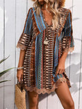 Trim Printed V-Neck 3/4 Sleeve Dress DJPT