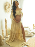 Boho Solid Color Off Shoulder Backless Linen Cotton Ruffle 2-in-1 Crop Cap Sleeve Side Slit Photoshoot Maternity Maxi Dress Maternity