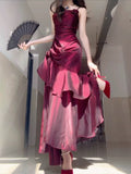 Red Satin Long Straps Prom Dress Wine Red A-line Party Dress SD1360