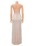 Rose Gold Glitter Sparkly Backless Slit Tie Back Photoshoot Party Maternity Maxi Dress Maternity
