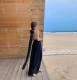 Neck V Collar Bare Back Chiffon Dress Women Summer Skinny Beach Dress Seaside Vacation Travel Super Fairy Long Skirt