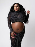 Black Mesh Rhinestone High Neck Crop 2-in-1 Midriff Bodycon Long Sleeve Photoshoot Evening Plus Size Maternity Maxi Dress Maternity