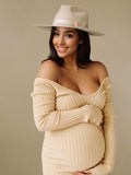 Apricot Off Shoulder Boat Neck Elegant Long Sleeve Baby Shower Maternity Photoshoot Sweater Dress Maternity