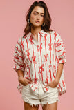 Bow Ribbon Woven Printed Button Down Shirt DJPT