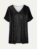 Size Sequin V-Neck Short Sleeve Top DJPT