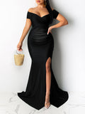 Black Off Shoulder Side Slit Bodycon Baby Shower Photoshoot Gown Maternity Maxi Dress Maternity