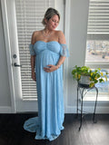 Solid Color Lace Off Shoulder Cap Sleeve Photoshoot Maternity Maxi Dress Maternity
