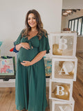 Bow Flutter Sleeve Solid V-neck Flowy Vacation Beach Cute Baby Shower Photoshoot Maternity Maxi Dress Maternity