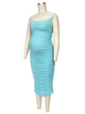 Spaghetti Strap Mesh Ruched Bodycon Babyshower Maternity Midi Dress Maternity