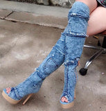 Cowboy Splicing Long Boots Women Summer Cold Boots Fish Mouth Fine Heel High Heels Thin Skinned Single Lady Sandals High Quality Shoes