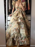 Princess Square Neckline Floral Green Long Ruffles Prom Dresses Birthday Dress SD578