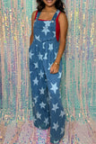 Print Buttoned Strap Wide Leg Denim Overalls DJPT