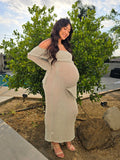 Green Knit Off Shoulder Flare Sleeve Bodycon Elegant Going Out Maternity Photoshoot Maxi Sweater Dress Maternity