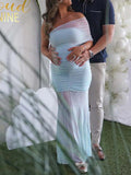 Light Blue Mesh Off Shoulder Ruched Mermaid Elegant Maternity Baby Shower Maxi Dress Maternity