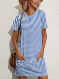 Pocketed Striped Round Neck Short Sleeve Dress DJPT