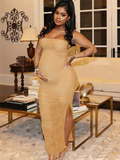 Apricot Ruched Side Slit Bodycon Baby Shower Maternity Dress Maternity