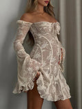 White Lace Off Shoulder Bow Drawstring Ruffle Flare Sleeve Elegant Baby Shower Maternity Mini Dress Maternity