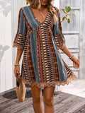 Trim Printed V-Neck 3/4 Sleeve Dress DJPT