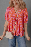 Stripe Print Ruched Cuff Half Sleeve V Neck Blouse DJPT