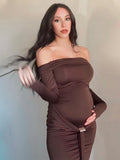Off Shoulder Draped Ruched Metal Buckle Bodycon Elegant Maternity Photoshoot Maxi Dress Maternity