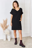 Full Size Rolled Short Sleeve V-Neck Dress DJPT