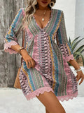 Trim Printed V-Neck 3/4 Sleeve Dress DJPT
