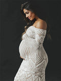 White Lace Sequin Off Shoulder Mermaid Bodycon Wedding Gown Baby Shower Elegant Foamal Maternity Photoshoot Maxi Dress Maternity
