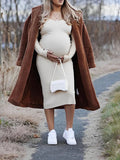 Solid Knitted Rib Fabric Off Shoulder V-neck Fall Fashion Maternity Photoshoot Maxi Dress Maternity
