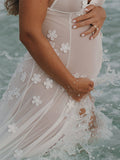 Cut Out Lace Patchwork V-Neck Sheer Side Slit Sleeveless Photoshoot Maternity Maxi Dress Maternity