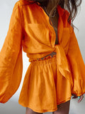 Size Button Up Balloon Sleeve Top and Shorts Set Plus Size DJPT