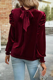 Up Mock Neck Velvet Fabric Long Sleeve Blouse DJPT
