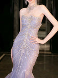Mermaid Off The Shoulder Blue Tulle Silver Beads Long Prom Dresses Formal Evening Dress SD1399 HZ0628