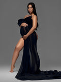 Bow Sheer Side Slit Off Shoulder Backless Photoshoot Maternity Maxi Dress Maternity