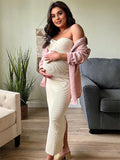 Beige Tube Twist Bow Back Slit Bodycon Crochet Fashion Baby Shower Maternity Maxi Sweater Dress Maternity