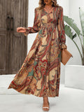 Printed V-Neck Flounce Sleeve Dress DJPT