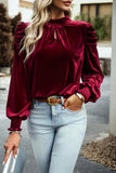 Up Mock Neck Velvet Fabric Long Sleeve Blouse DJPT