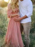 Pink Boho Flowy Bump Friendly Off Shoulder Photoshoots Maxi Dress Maternity