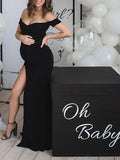 Black Off Shoulder Side Slit Bodycon Baby Shower Photoshoot Gown Maternity Maxi Dress Maternity