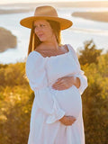 White Ruffle Ruched High Waist Puff Sleeve Cute Photoshoot Maternity Maxi Dress Maternity
