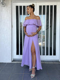 Flowy Chiffon Off Shoulder Ruffle Falbala Side Slit Big Swing Elegant Evening Gown Maternity Photoshoot Baby Shower Maxi Dress Maternity