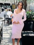 Pink Knit Falbala Ruffle Hem Single Breasted Flare Sleeve Bodycon Elegant Hoing Out Maternity Babyshower Maxi Sweater Dress Maternity