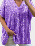 Size Sequin V-Neck Short Sleeve Top DJPT