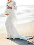 White Lace Trumpet V-Neck Flare Sleeve Bodycon Prom Wedding Gown Photoshoot Maternity Maxi Dress Maternity