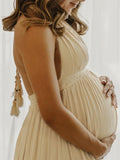 Solid Color Cut Out V-Neck Side Slit Backless Tassel Halter Neck Vacation Photoshoot Maternity Maxi Dress Maternity