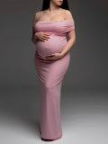 Pink Off Shoulder Belly Friendly Ruched Boat Neck Bodycon Photoshoot Maternity Maxi Dress Maternity