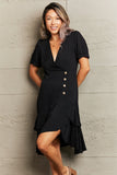Decorative Button Surplice Ruffle Hem Dress DJPT